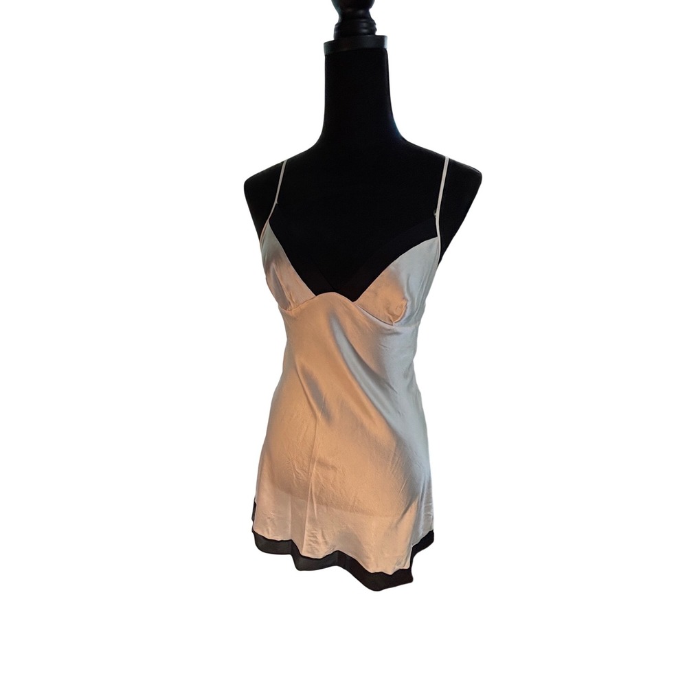Victorias Secret Champagne Satin Slip Dress Black Trim Cross Back Medium 327588